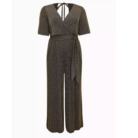Women's 14/16 Torrid Black and Gold Shimmer Surplice Jumpsuit (Torrid 1), EUC - Picture 1 of 7